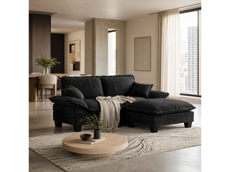  Canapé d’angle modulable 194x155x90 cm, 3 places avec pouf amovible, deux coussins, confort, chenille, noir  - Conforama B