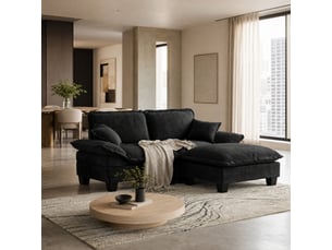 Canapé d’angle modulable 194x155x90 cm, 3 places avec pouf amovible, deux coussins, confort, chenille, noir