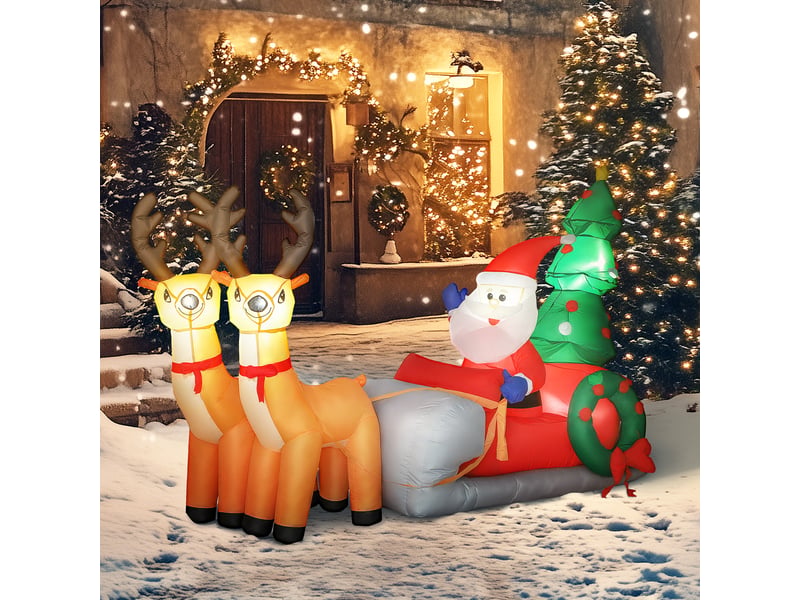  Père noël gonflable de 2,1 m sur traîneau avec deux rennes, décoration de noël gonflable avec lumières led intégrées  - Conforama D