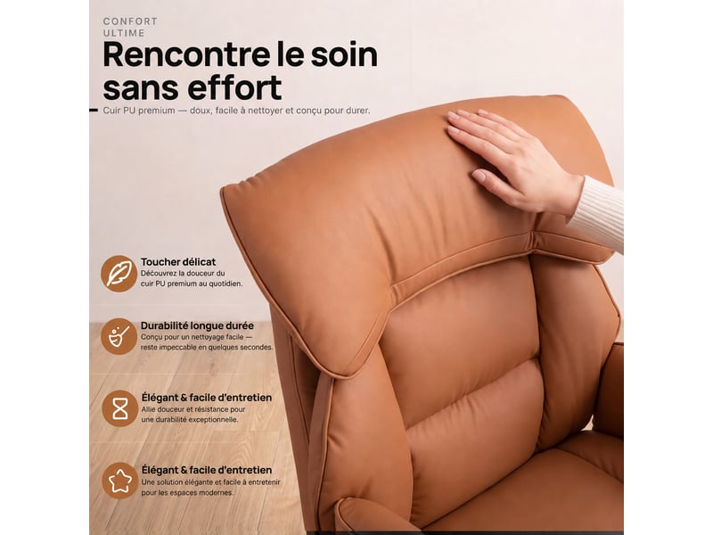 Fauteuil de bureau ergonomique,dossier inclinable 90°-135,repose-pieds,hauteur réglable,cuir pu,marron  - Conforama C