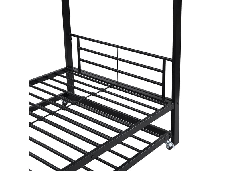 Lit superposé 2x90x200+90x190cm, lit gigogne avec escalier, barrière et sommiers, lit en métal, noir, sans matelas - Conforama R