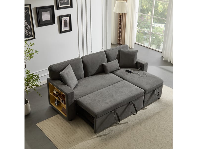  Canapé d’angle convertible réversible 214 x 131 cm – gris foncé – usb, rangement et 3 coussins intégrés  - Conforama B