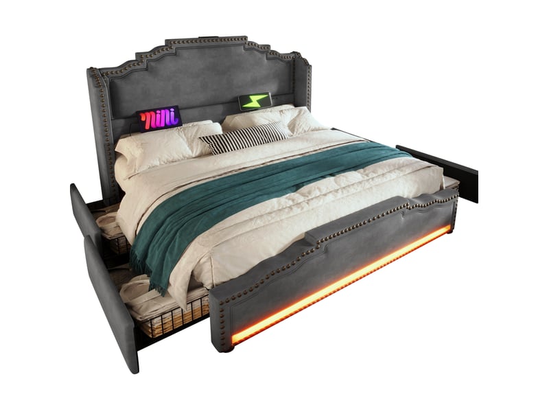  Lit rembourré ulevr 160x200 avec 4 tiroirs, led, usb et type-c, sommier à lattes, velours gris, avec matelas  - Conforama A