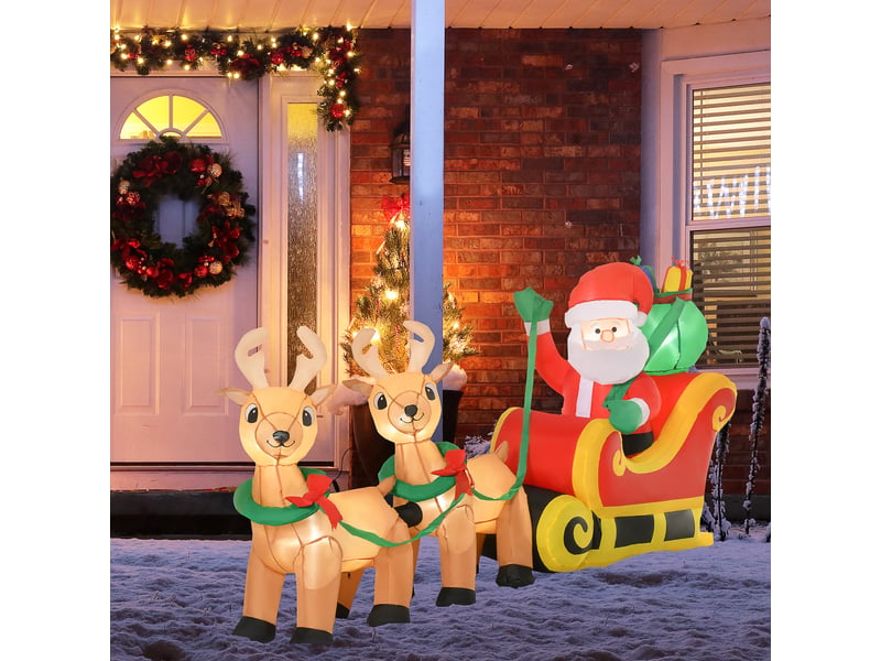  Père noël gonflable led dim. 240l x 57l x 112h cm avec traîneau, hotte 6 led polyester imperméable, rennes  - Conforama D