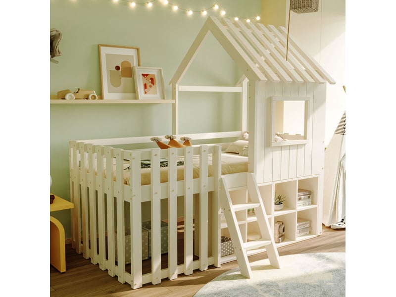Lit mezzanine enfant 90x200 cm – blanc – cabane avec rangements mobiles, échelle et fenêtres - sans matelas - Conforama B