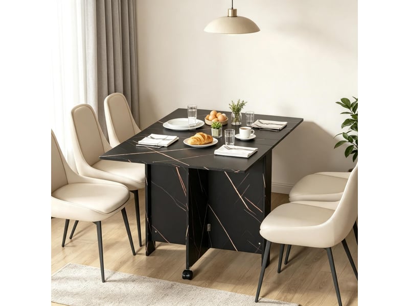  Table de salle à manger pour 6 personnes avec abattants et roulettes verrouillables, en panneaux de particules, noir  - Conforama C