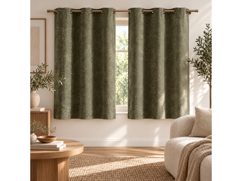  Lot de 2 rideaux à œillets 140 x 180 cm velours chenille cosi kaki petite hauteur  - Conforama A
