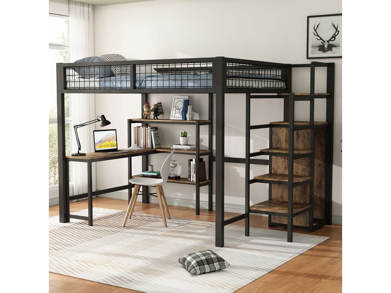 Lit mezzanine noir et marron 140x200cm avec rangement, échelle, sécurité renforcée, gain de place - fer et mdf - pour enfant ado  - Conforama C