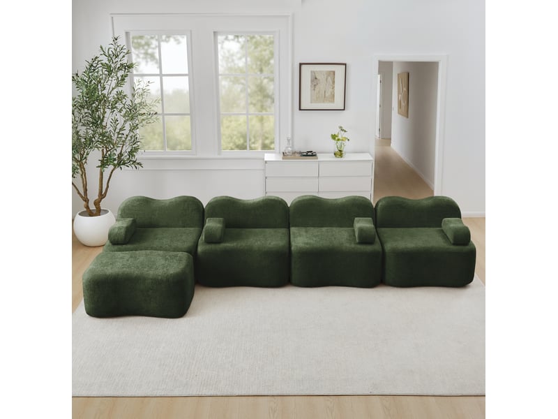  Canapé d'angle modulable ulevr 4 places avec pouf, 384 x 167 cm, velours vert, forme vague  - Conforama B