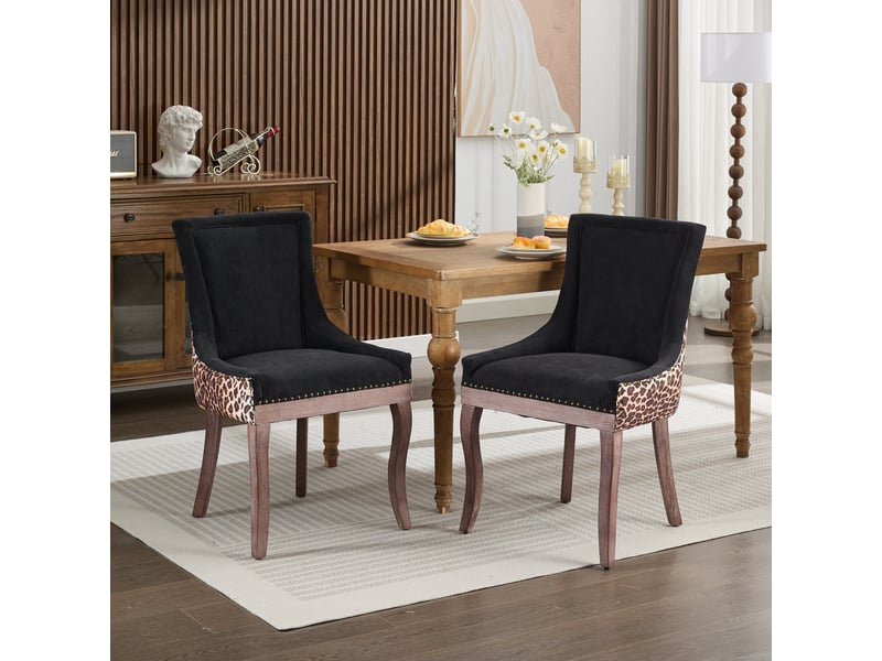 Lot de 2 chaises de salle à manger en tissu imprimé léopard pieds en bois massif clous bronze  - Conforama B