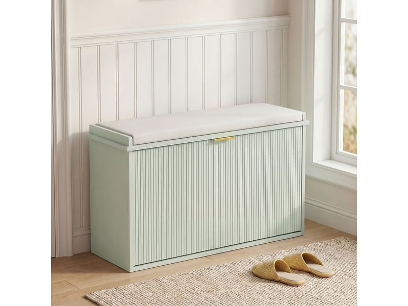  Banc à chaussures avec coussin d'assise rembourré et tiroir rabattable pour couloir, chambre, 80 x 26 x 47,5 cm, vert  - Conforama A