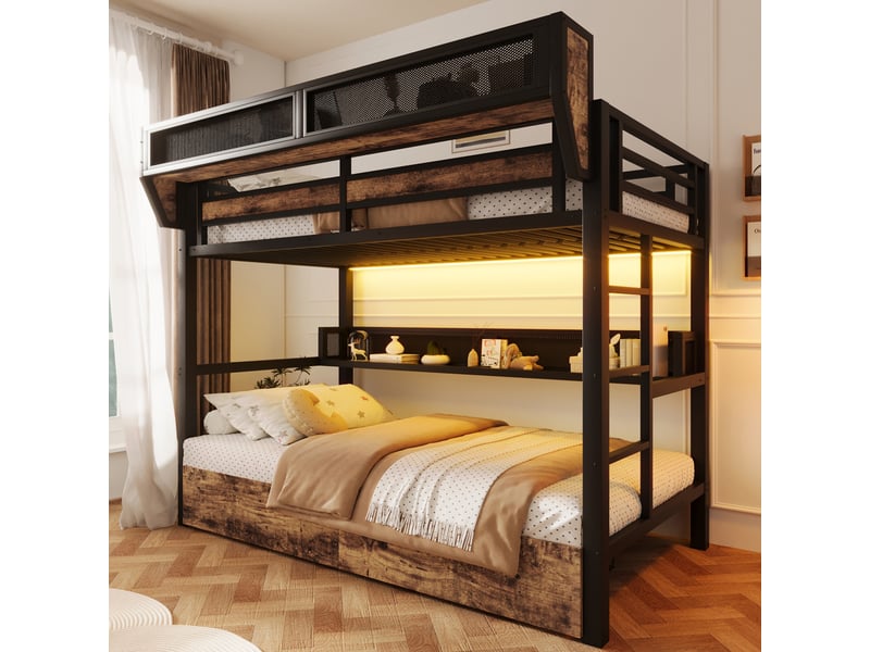  Lit superposé - 90x200 cm - tiroirs de rangement - rangements intégrés - éclairage led - structure métal - matelas non inclus - noir CozyNest - Conforama C