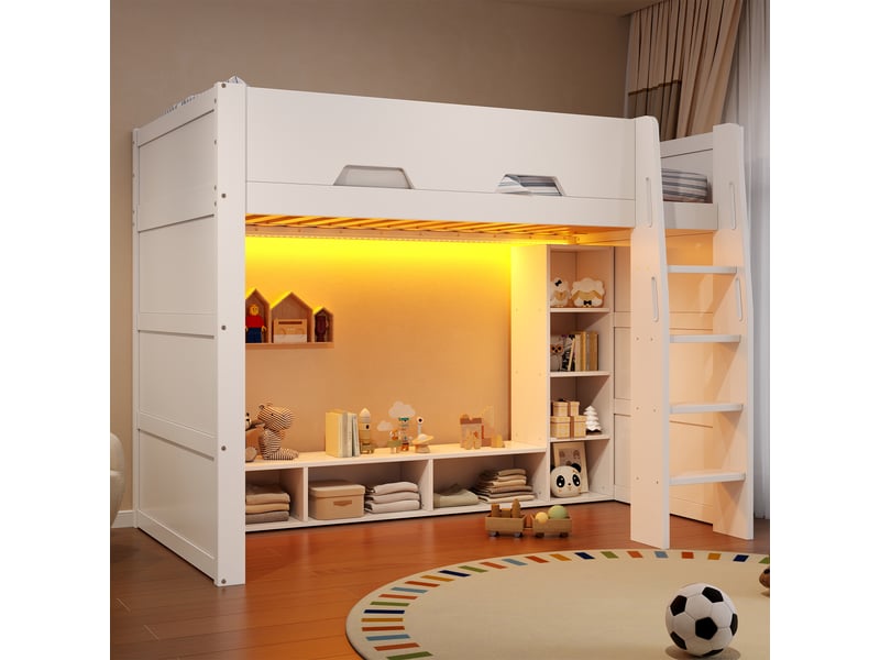  Lit mezzanine 90x200cm pour enfant, escalier avec rangements, étagères latérales, led multicolore, garde-corps et sommier à lattes blanc pour  - Conforama B