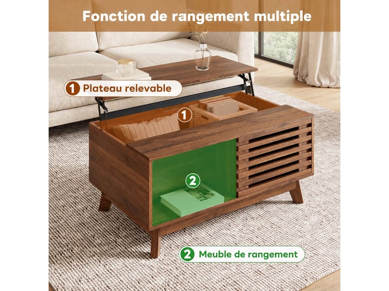  Table basse rectangulaire en mdf effet noyer avec plateau relevable et porte coulissante, 90 x 55 cm  - Conforama E