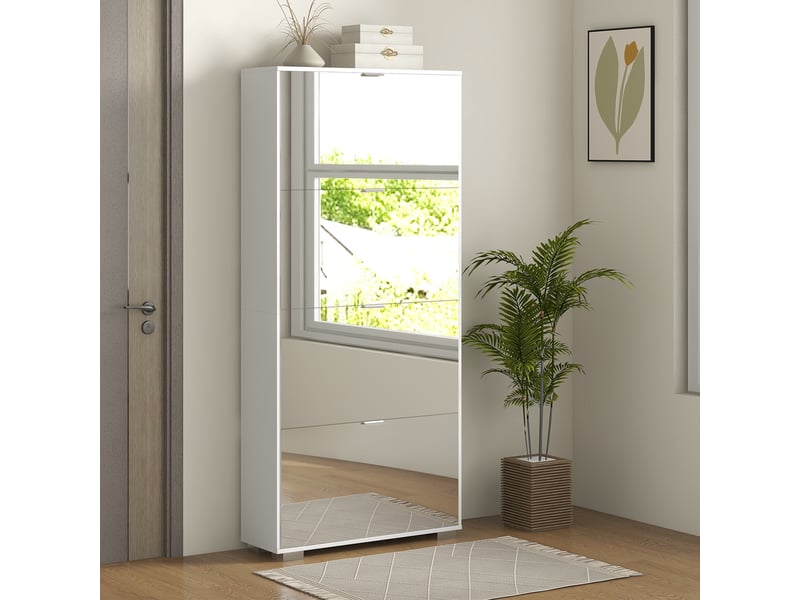  Étagère à chaussures fine gaine de place avec miroir et 4 tiroirs pour 24 paires de chaussures, 76x26x178 cm, blanc  - Conforama D