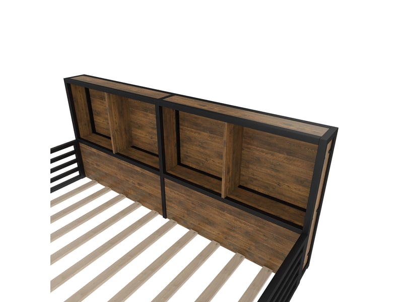  Lit jeune 140x200 cm, led, rangement latéral, barrières sécurité, sommier, métal + mdf, noir, sans matelas  - Conforama D