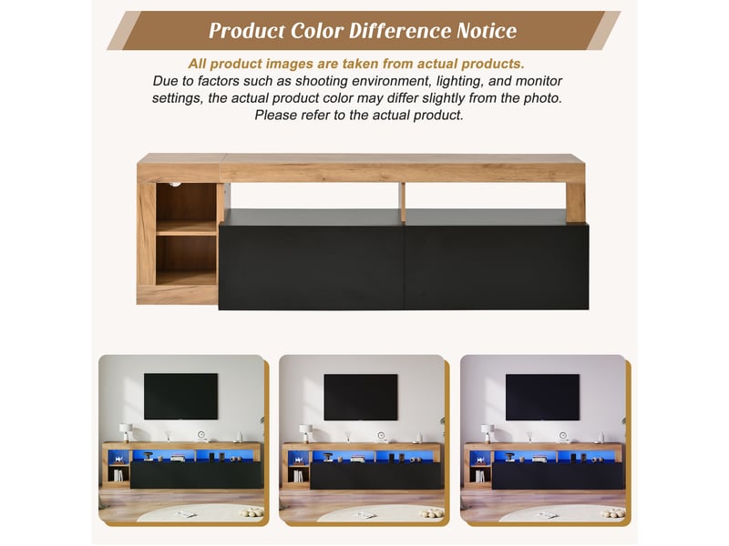  Meuble tv avec 2 portes abattantes, 3 niches et led, style moderne pour salon, 184×42×58 cm, noir et bois  - Conforama E