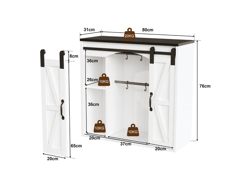 Meuble haut de cuisine 2 portes coulissantes 80x31x76 cm - rangement mural avec étagères réglables - mdf - blanc - Conforama C