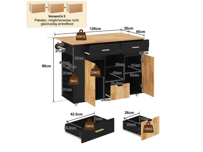  Île de cuisine mobile avec plaque de travail rabattable, chariot de cuisine et armoire de rangement avec rayon d'épices à 3 niveaux, 3 grands tiroirs et roues à verrouillage, 120 × 45(71) × 90 cm  - Conforama C
