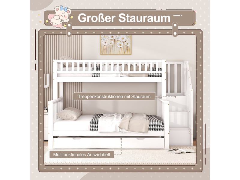  Lit superposé enfant 90 x 200cm et 140 x 200cm avec sommier, sans matelas, pin, blanc, tiroirs et escalier  - Conforama D