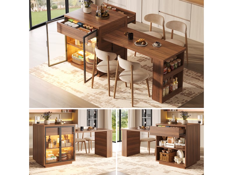 Table de salle à manger extensible 122-194,5x70x94 cm, îlot de cuisine avec placard double porte, tiroir, éclairage led, usb - marron foncé - Conforama D