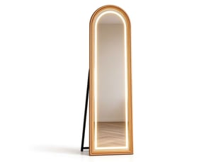 Miroir sur pied led arqué 160x50 cm avec éclairage 3 couleurs – grand miroir psyché pleine longueur tactile et dimmable, cadre finition bois naturel pour chambre et dressing