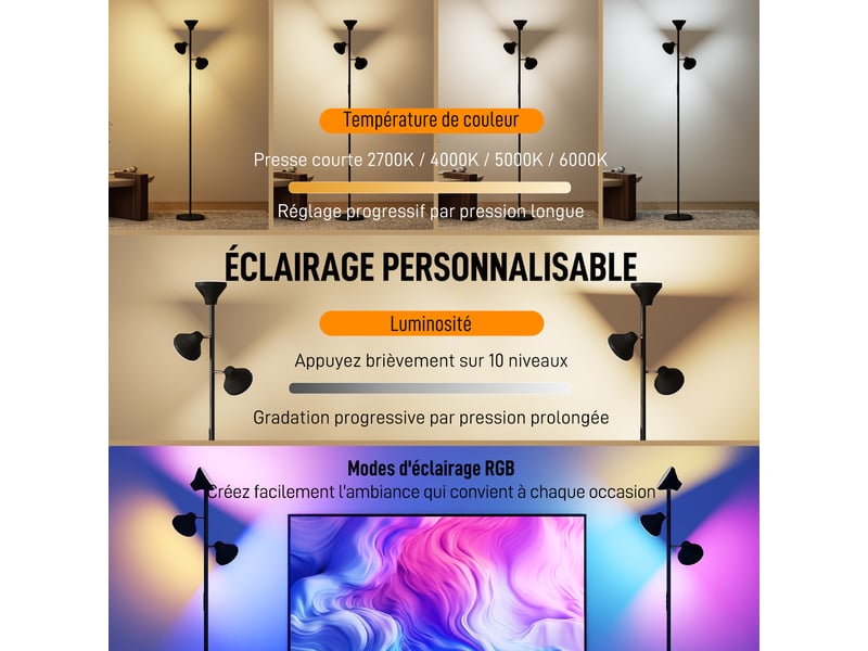  Lampadaire led lampadaires sur pied salon dimmable 2700k-6000k 4150 lm 3 têtes rotatives noir ø 25 x 170 cm  - Conforama A