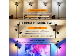 Lampadaire led lampadaires sur pied salon dimmable 2700k-6000k 4150 lm 3 têtes rotatives noir ø 25 x 170 cm