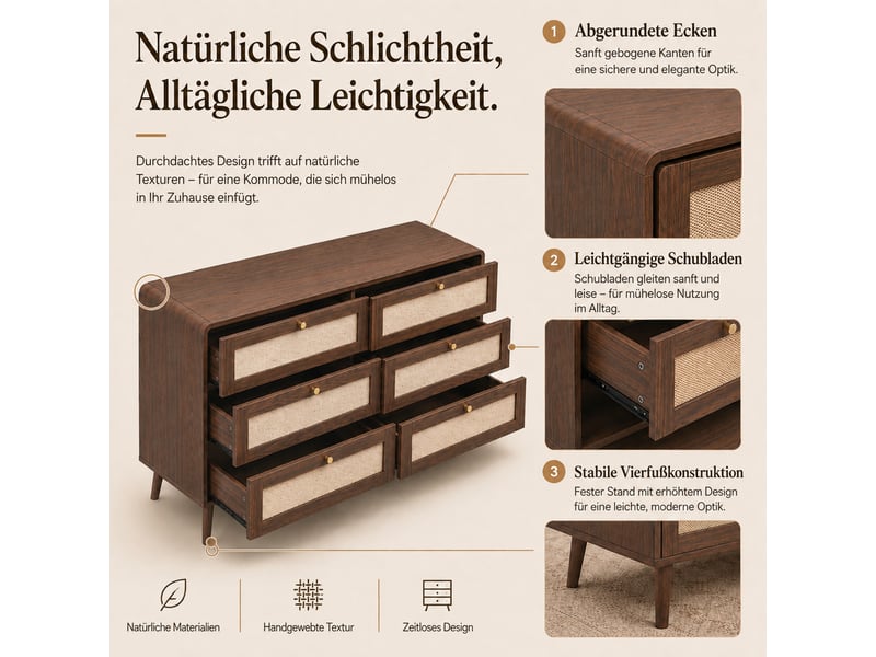 Commode de rangement - 6 tiroirs - façades effet rotin - mdf - rangement pour salon et salle à manger - rangement pratique - noyer - Conforama E