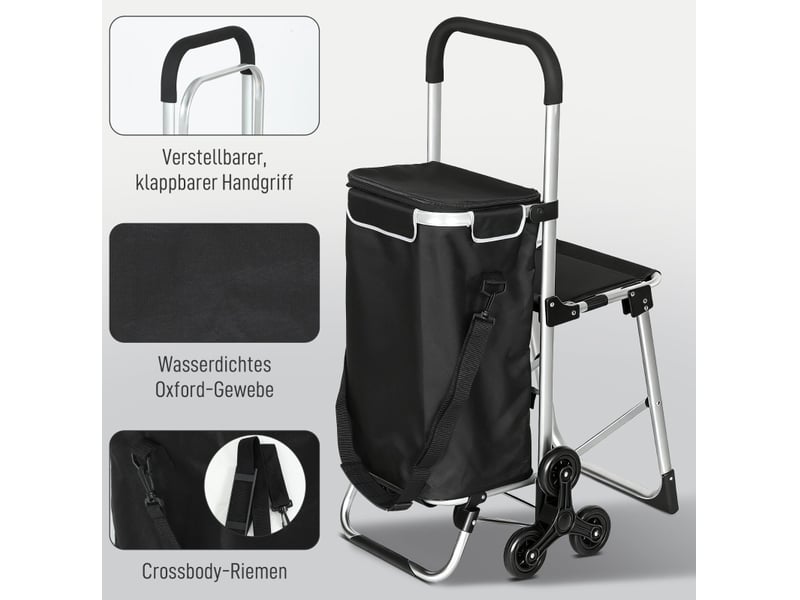  Chariot de courses 3 roues 59,5x46x97 cm – noir – sac oxford 40 l, siège pliant, cadre aluminium pliable  - Conforama E