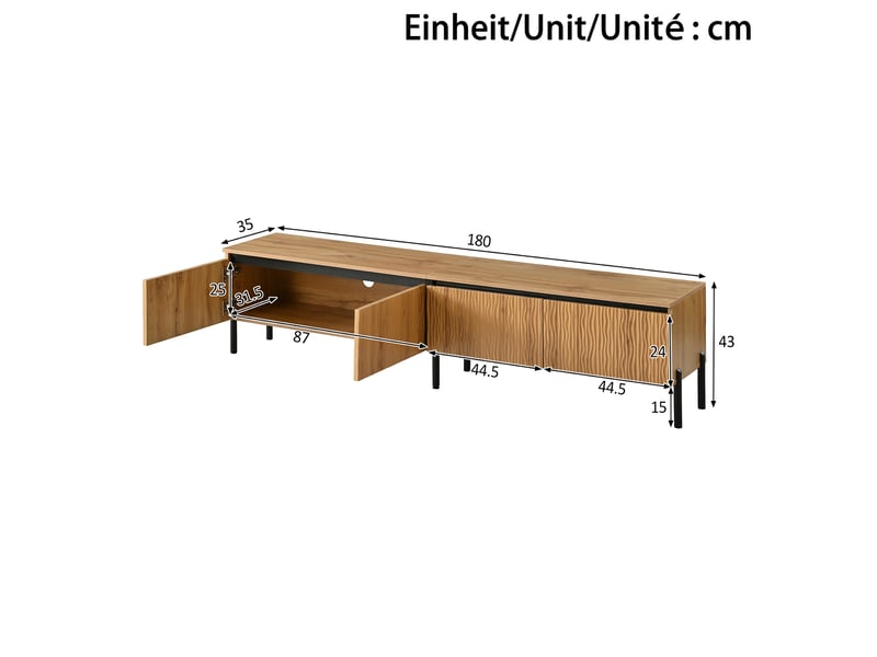  Meuble tv bas 180 cm, finition bois naturel, avec façades en relief  - Conforama C