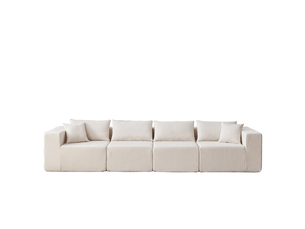 Canapé modulaire d'angle en l 4 pièces, assise large et modules déplaçables en velours côtelé beige