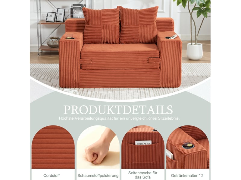  Canapé droit 2 places 151x133 cm – orange – 2 coussins, pouf à rangement latéral et porte-gobelets  - Conforama E