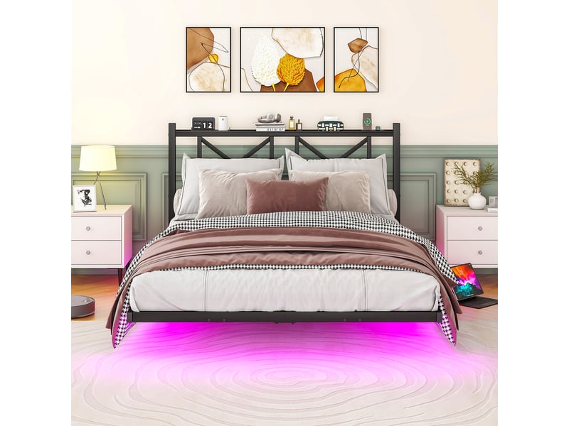Lit coffre cadre de lit double 140 x 200 cm, led, recharge, tête intégrée, sommier suspendu, métal, montage facile, sans matelas - Conforama C