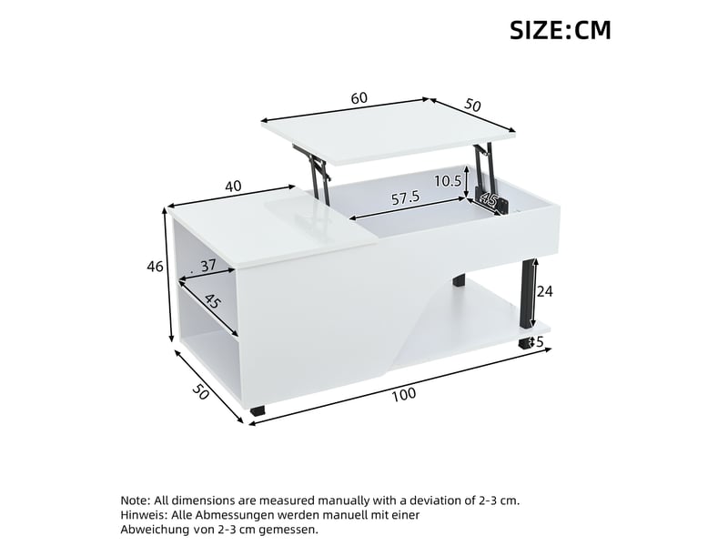  Table basse relevable 100x50 cm avec rangement caché et led, table de salon modulable en bois et métal, blanc brillant  - Conforama C