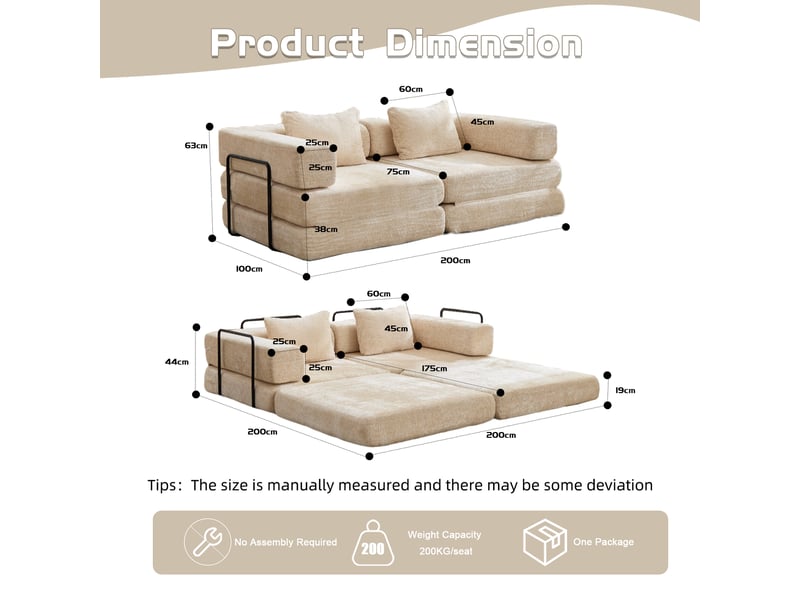 Canapé convertible 200 cm, canapé-lit modulable au sol en tissu chenille, sans montage, 2 places, beige - Conforama C