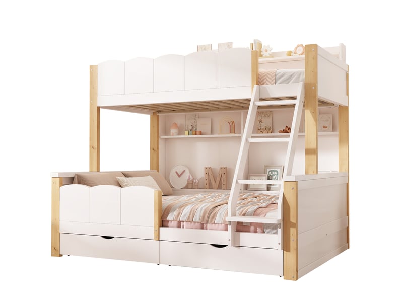  Lit superposé enfant 90x200 cm et 140x200 cm avec 2 tiroirs et étagères, bois et mdf, blanc et aspect chêne, sans matelas  - Conforama A