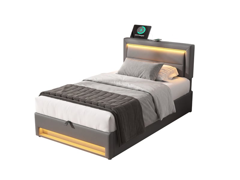  Lit coffre 90x190cm, sommier, tête de lit réglable, lit simple, avec éclairage led intégrée, rangement, pu gris, sans matelas  - Conforama A