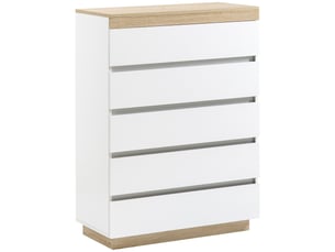 Commode minimaliste en bois à 5 tiroirs, 80 x 40 x 109 cm, coloris blanc et chêne