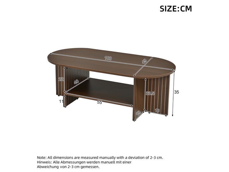  Table basse ovale 100 x 49 x 35 cm noyer mdf, étagère basse ouverte et design moderne à rainures  - Conforama C