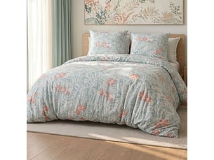 Parure housse de couette 260x240cm + 2 taies motif floral turquoise et rose 100% microfibre - blandine