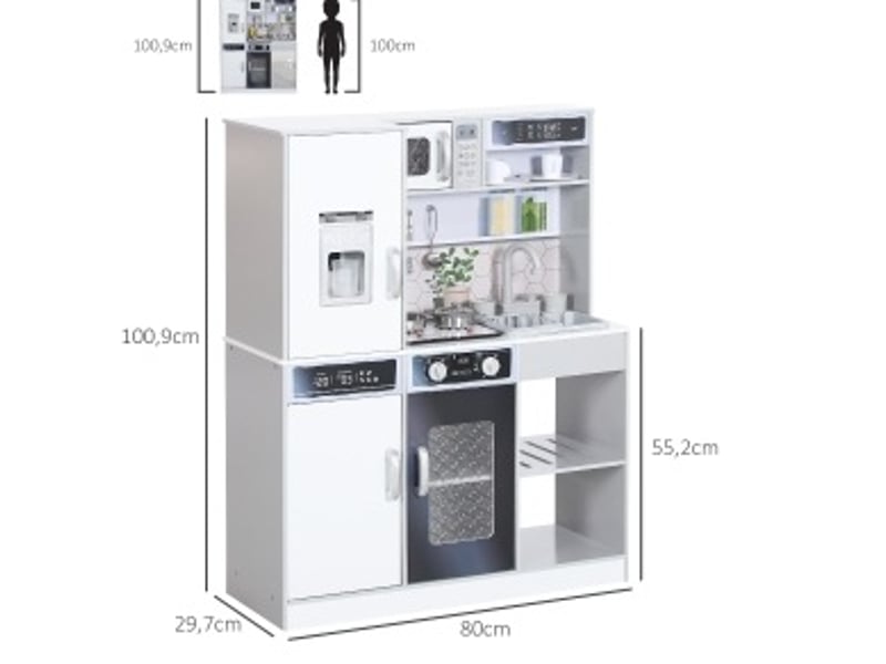  Ensemble de cuisine pour enfants avec set de vaisselle en acier inoxydable, cuisinière, évier avec circulation d'eau, effets de lumière et sons, blanc  - Conforama E