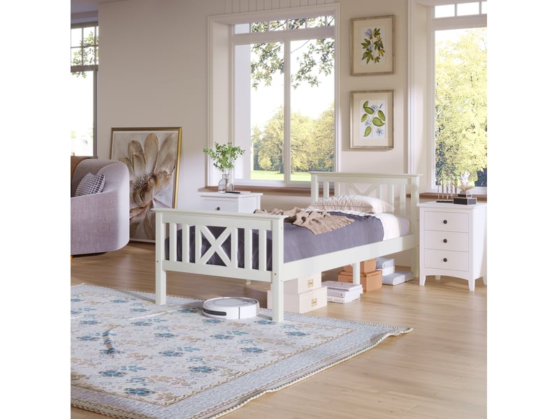  Modenvie lit 1 place 90x200 cm - sommier inclus, tête de lit en x, sans matelas - blanc  - Conforama E