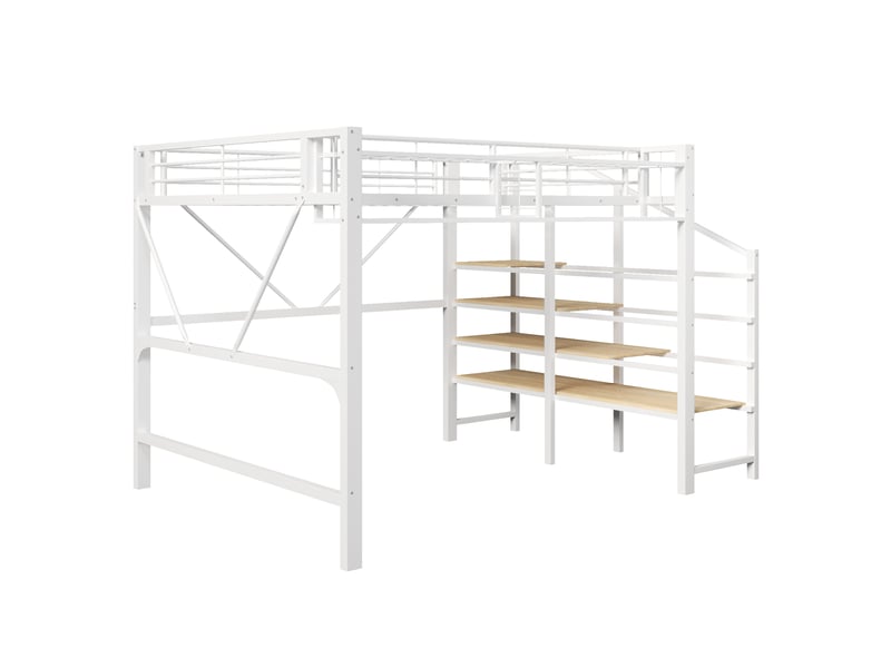 Lit mezzanine métal blanc 140×200 cm avec étagères, panier et led - Conforama D