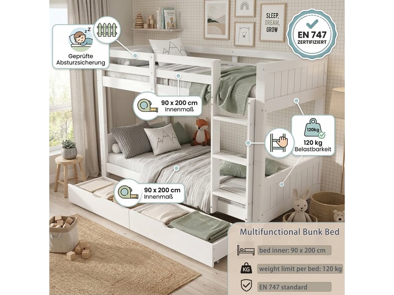 Lit superposé enfant 90x200 cm en bois, séparable en 2 lits simples, avec échelle, barrières de sécurité et 2 tiroirs de rangement - blanc - Conforama E