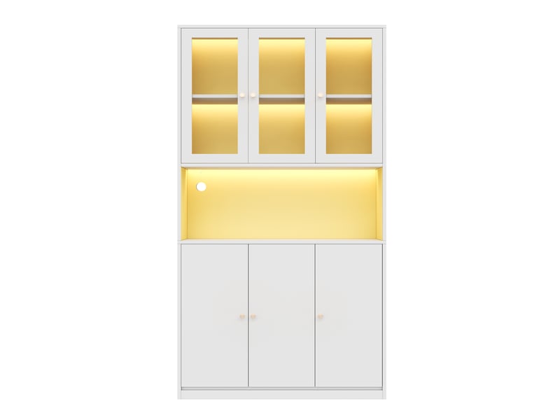  Bibliothèque vitrine 100x35x200 cm avec led multicolore, portes vitrées, niche ouverte et 3 portes, blanc  - Conforama D