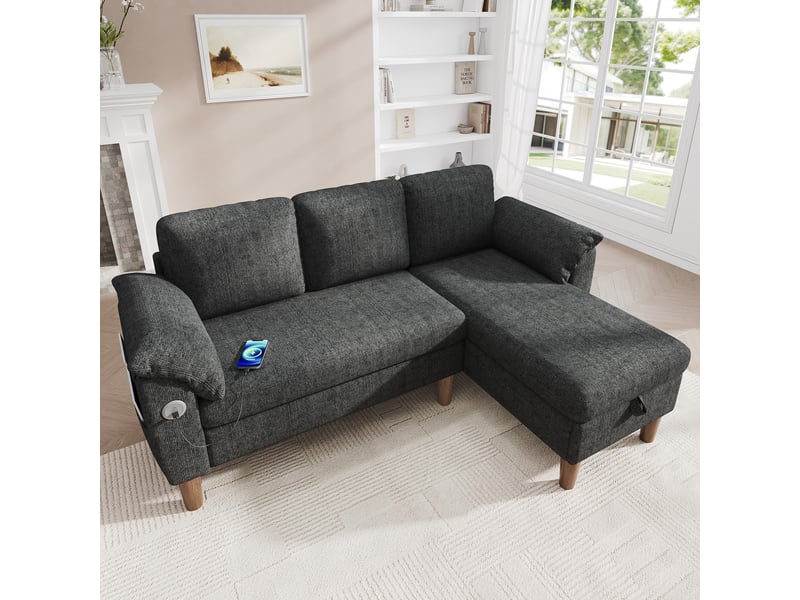 Canapé d'angle réversible 3 places 181x125x88 cm avec méridienne coffre, usb et usb-c, poches latérales, 2 coussins, chenille gris Radiant Stride - Conforama B
