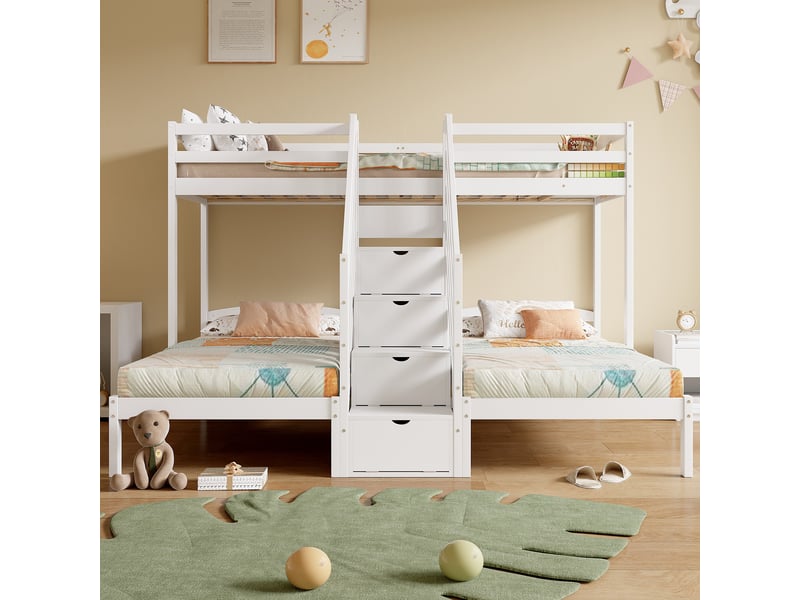  Lit étagère 90 x 200cm, trois lits, bois de pin, échelle avec tiroirs, barrières, en 747, sans matelas, blanc  - Conforama C
