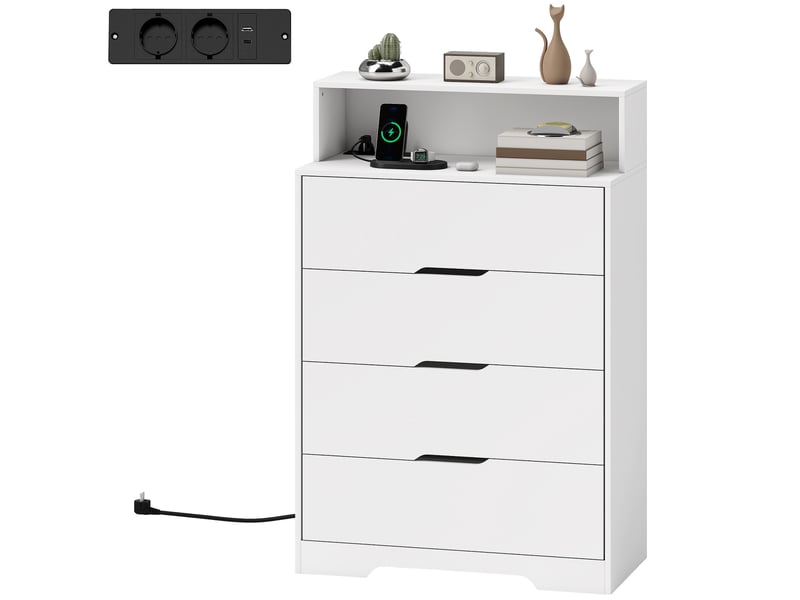  Commode 4 tiroirs avec station de charge, port usb, port usb-c, étagère ouverte, 80 x 40 x 120 cm, blanche  - Conforama B