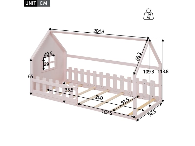  Lit cabane enfant 90 x 200 cm en pin et mdf, rose, avec sommier à lattes  - Conforama C